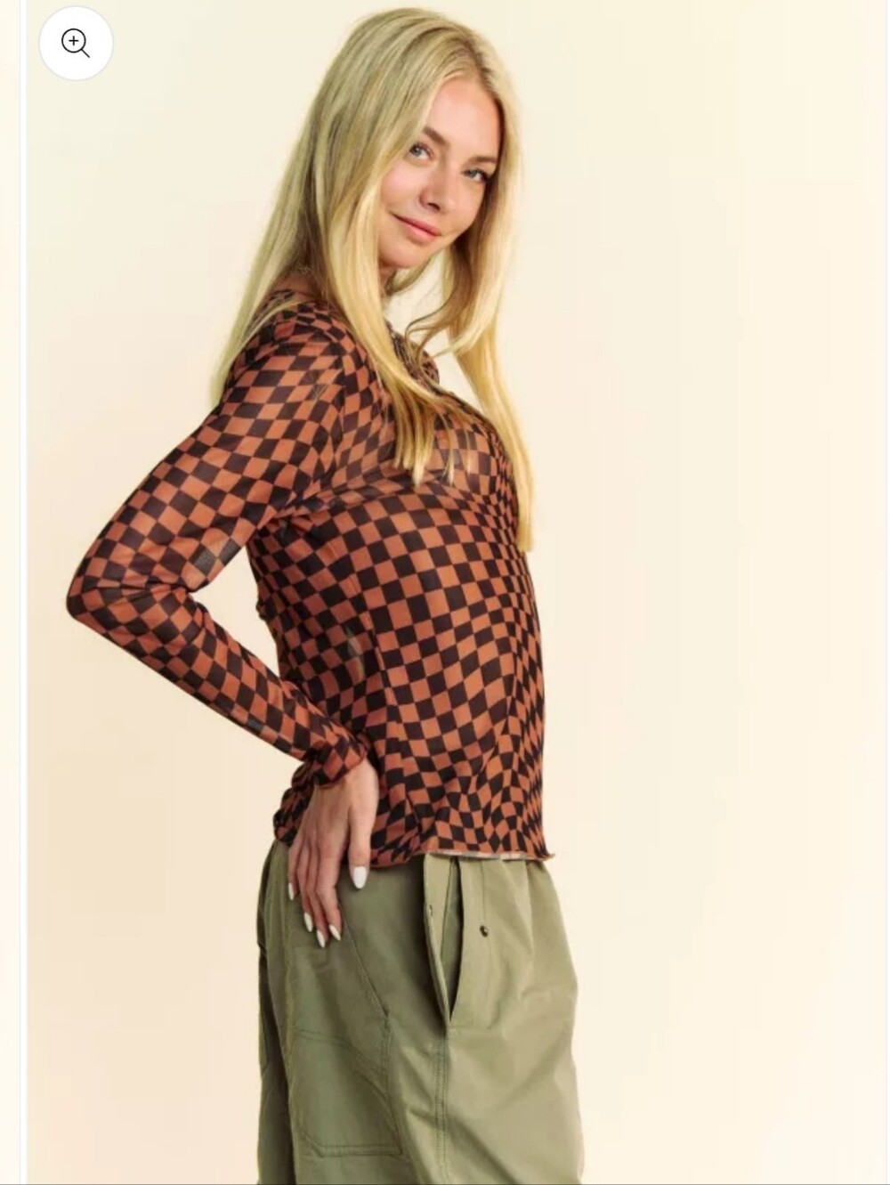Davi & Dani Women's Long Sleeve Brown & Black Checkered Mesh Top Size Medium - Picture 4 of 10